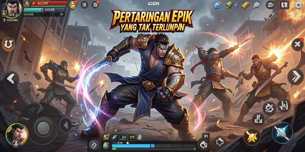 Screenshot aksi pertarungan mendebarkan dalam 62IDN.