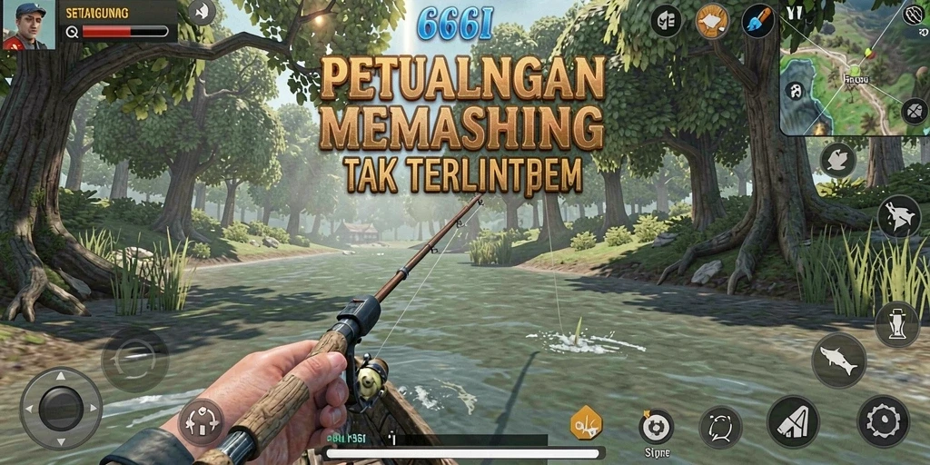 Screenshot gameplay 666I menampilkan aktivitas memancing yang menarik.