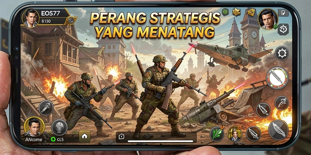 Screenshot gameplay EOS77 yang menampilkan pertempuran strategis yang intens.
