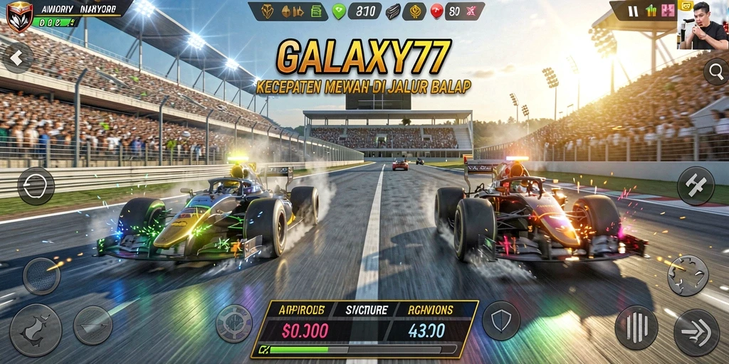 Tangkapan layar gameplay GALAXY77 menunjukkan balapan seru di trek yang menantang.