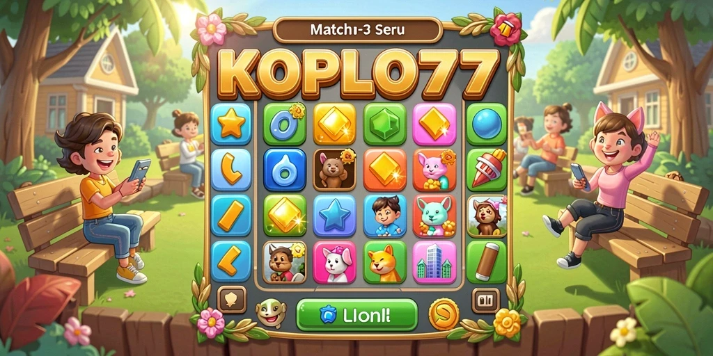 Screenshot KOPLO77 menampilkan gameplay seru Match-3 yang penuh warna.
