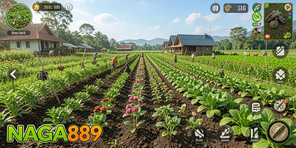Tampilan gameplay <strong>NAGA889</strong> dengan lahan pertanian yang luas dan tanaman yang subur.