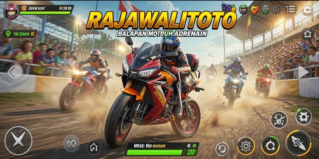 Tampilan gameplay yang mendebarkan dari RAJAWALITOTO saat balapan motor.