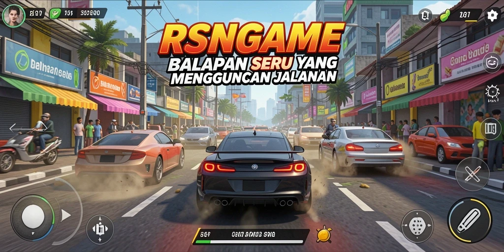 Tampilan gameplay RSNGAME dengan mobil balap yang melaju kencang.