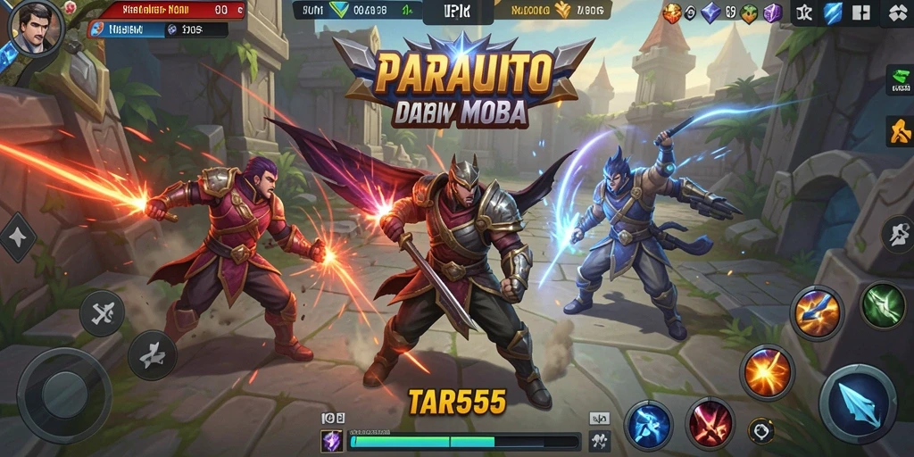 Tangkapan layar TAR555 menunjukkan aksi pertempuran seru dalam game MOBA.