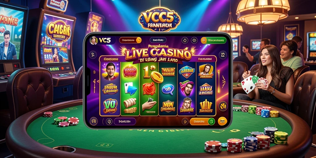 Screenshot gameplay Live Casino VC5 yang menampilkan dealer dan interaksi pemain.